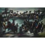 La chevauchée devant le lac by Marcel Mouly, 1967, Huile sur toile, sold Oct 2023