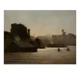 Blick auf Bootshäuser vom Wasser aus by Léon-Gustave Ravanne, 1882, oil on canvas, sold Mar 2026