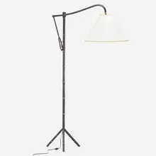 Floor lamp by attribution Jacques Adnet, c. 1950, saddle-stitched leather over steel, brass, sold Jan 2023