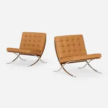 Barcelona chairs, pair by Ludwig Mies van der Rohe, 1929 / 1969, stainless steel, leather, sold Jan 2023