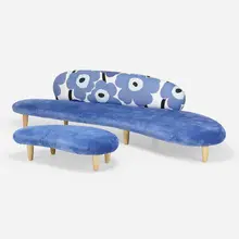 Freeform sofa and ottoman by Isamu Noguchi, 1946 / 2002, upholstery, maple, sold Jan 2023