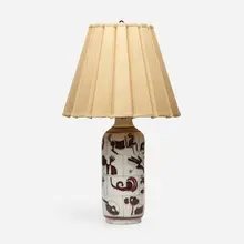 Table lamp by Guido Gambone, c. 1950, glazed stoneware, linen shade, sold Jan 2023