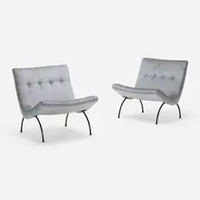 Scoop lounge chairs, pair by Milo Baughman, c. 1954, upholstery, enameled steel, sold Jan 2023