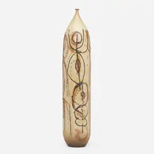 Tall vase by Clyde Burt, c. 1964, glazed and carved stoneware, sold Jan 2023