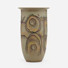 Vase by Clyde Burt, c. 1962, glazed and carved stoneware, sold Jan 2023