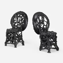 Throne chairs, pair by Amadou Fatoumata Ba, c. 2015, cut and braided varnished rubber tires, sold Jan 2023