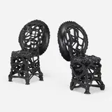 Throne chairs, pair by Amadou Fatoumata Ba, c. 2015, cut and braided varnished rubber tires, sold Jan 2023