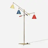Triennale floor lamp, model 12128 by Angelo Lelii, enameled aluminum, enameled steel, brass, sold Jan 2023