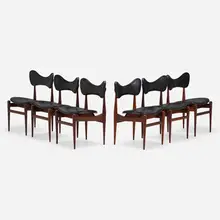 Butterfly dining chairs, set of six by Inge & Luciano Rubino, c. 1963, teak, leather, sold Jan 2023