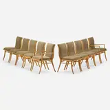 Dining chairs, set of ten by T. H. Robsjohn-Gibbings, c. 1955, bleached walnut, upholstery, sold Jan 2023