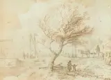 Baum am Wegrand, im Hintergrund Boote in einer Bucht by Allart van Everdingen, pen and ink, offered Sep 2026