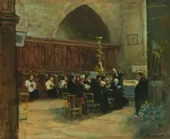 Andacht in der Kapelle by Jules Rene Herve, oil on board, sold Sep 2026