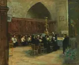 Andacht in der Kapelle by Jules Rene Herve, oil on board, sold Sep 2026