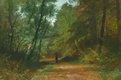 Dame mit Sonnenschirm auf einem Waldweg by Gustave Castan, oil on paper, offered Sep 2026