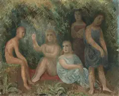 Kleine Komposition mit Figuren by Hermann Huber, oil on canvas, offered Sep 2026