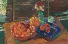 Stillleben mit Aprikosen und Melone by Henri Schmid, 1979, oil on canvas, sold Sep 2026