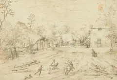identifiziert als Joos van Liere (Brüssel 1530–1583 Zwijndrecht) Das Gasthaus "Zum Schwan" und Bauernhöfe by Meister der kleinen Landschaften, pen and ink, sold Jun 2026