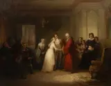 Eine Verlobung, der Vater der Braut vereinigt die Hände des jungen Paars by Gisbert Flüggen, oil on canvas, sold Jun 2026