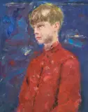 Untitled # 14-008 (Jeune garçon au gilet rouge) by Christian Schoeler, 2012, oil on canvas, sold Jun 2026