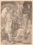 Der verlorene Sohn bittet um sein Erbe und reist ab by Heinrich Aldegrever, 1528, engraving, sold Mar 2024