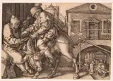 Der barmherzige Samariter bezahlt den Gastwirt für die Versorgung des Verwundeten by Heinrich Aldegrever, 1554, engraving, sold Mar 2024