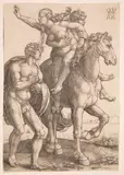Reitender Satyr raubt eine Frau by Heinrich Aldegrever, 1530, engraving, sold Mar 2024