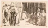 Juden in der Synagoge by Rembrandt, 1648, etching, sold Mar 2024