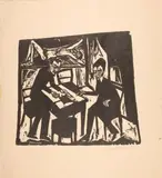 Zwei Männer am Tisch (Zu: Der Idiot von Dostojewski, 2 by Erich Heckel, 1913, woodcut, sold Mar 2024