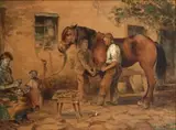 Beim Hufschmied / An der Kellertreppe (Interieurszene) by Carl Rüdell, watercolor, sold Mar 2024