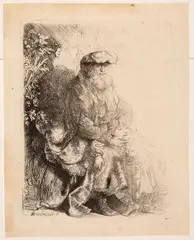 Abraham, Isaak liebkosend by Rembrandt, etching, sold Sep 2024