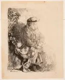 Abraham, Isaak liebkosend by Rembrandt, etching, sold Sep 2024