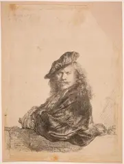 Selbstporträt auf einer Steinschwelle lehnend by Rembrandt, 1639, etching, sold Sep 2024
