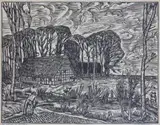 Westfälisches Bauerngehöft (Westfälischer Bauernhof VI) by Peter August Böckstiegel, woodcut, sold Sep 2024