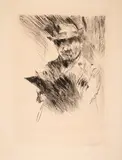 Selbstbildnis radierend by Lovis Corinth, 1920, etching, offered Sep 2024