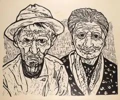 Bitsch (Porträt und Doppelporträt) by Herbert Götzinger, linocut, offered Sep 2024