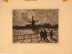 Mühle auf dem Heiliggeistfeld 1912 / Ohne Titel (Aus: Die Rote Erde, Heft 1) 1919 by Emil Maetzel, etching, offered Sep 2024