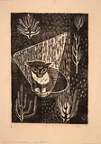 Ohne Titel (Katze) by Else Mögelin, 1955, woodcut, sold Sep 2024