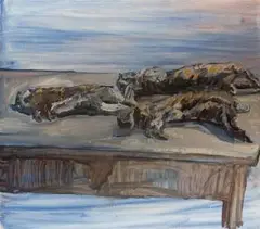 Drei Hasen, Tisch by Peter Schmersal, 1998, oil on canvas, offered Sep 2024