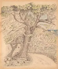 Ohne Titel (Landschaft mit großem Baum) by Adolphe Milich, drawing, offered Sep 2024