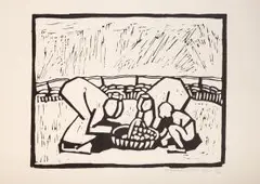 Ohne Titel (Kartoffelernte, um 1911) / Steinklopfer (1912) by Wilhelm Morgner, linocut, sold Mar 2025
