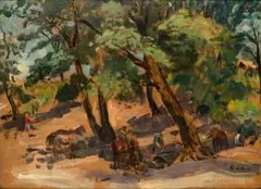 Ohne Titel (Reiter am Waldrand) by Hans Olde, oil, sold Mar 2025