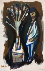 Am Tisch mit Blumen by Friedrich Karl Gotsch, 1957, gouache, offered Mar 2025