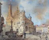 Am Rathaus in Rothenburg.1898 by Carl Rüdell, watercolor, sold Mar 2025