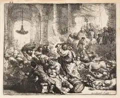 Christus vertreibt die Händler aus dem Tempel by Rembrandt, 1635, etching, sold Sep 2025