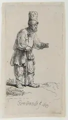 Der Bauer mit hohem Hut, auf einen Stock gelehnt by Rembrandt, 1639, etching, sold Sep 2025