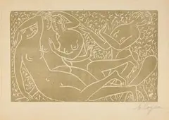 Vier weibliche Akte mit ornamentalem Hintergrund by Moissey Kogan, 1922, woodcut, sold Sep 2025