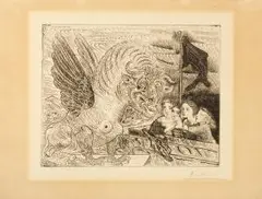 Harpye à tête de taureau, et quarte petites filles sur une tour surmontée d'un drapeau noir (Blatt 13: aus: Suite Vollard) by Pablo Picasso, 1934, etching, sold Sep 2025