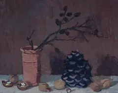 Stillleben mit Pinienzapfen by Hermann Teuber, 1964, oil on board, sold Sep 2025