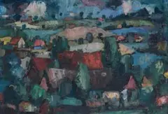 Dorf im Sommer by Eberhard Viegener, 1957, oil on panel, sold Sep 2025