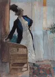 Interieurszene mit stehender Frau am Fenster by Willy Helwig, 1912, gouache, offered Sep 2025